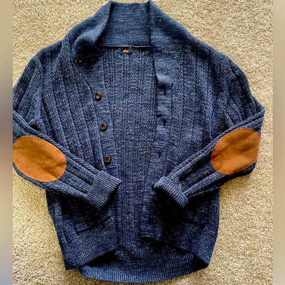 Free people marled suede sweater coat cardigan chunky navy leather cozy fall - Picture 5 of 7